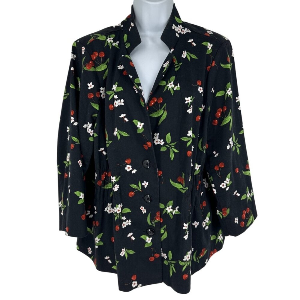 JOAN RIVERS Long Sleeve Cherry Print Blazer With Ruching Detail Black Size 20W
